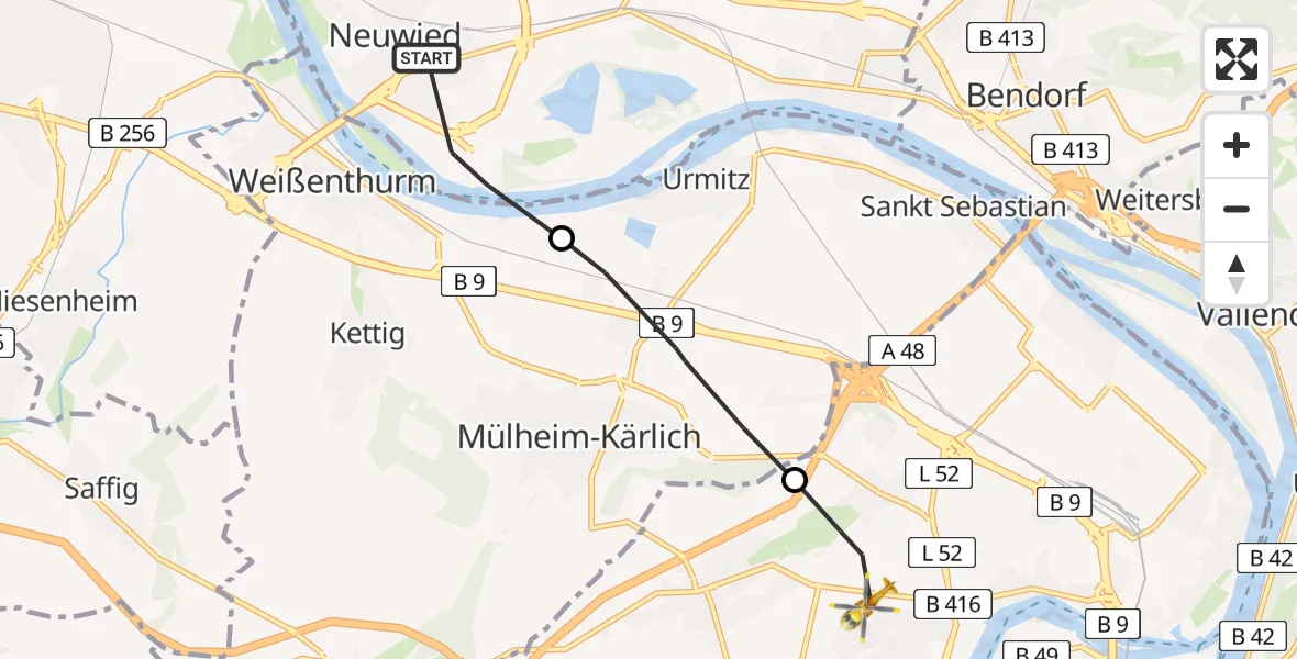 Flugroute Rettungshubschrauber Neuwied - Koblenz, 06 Juni 2026, 16:33