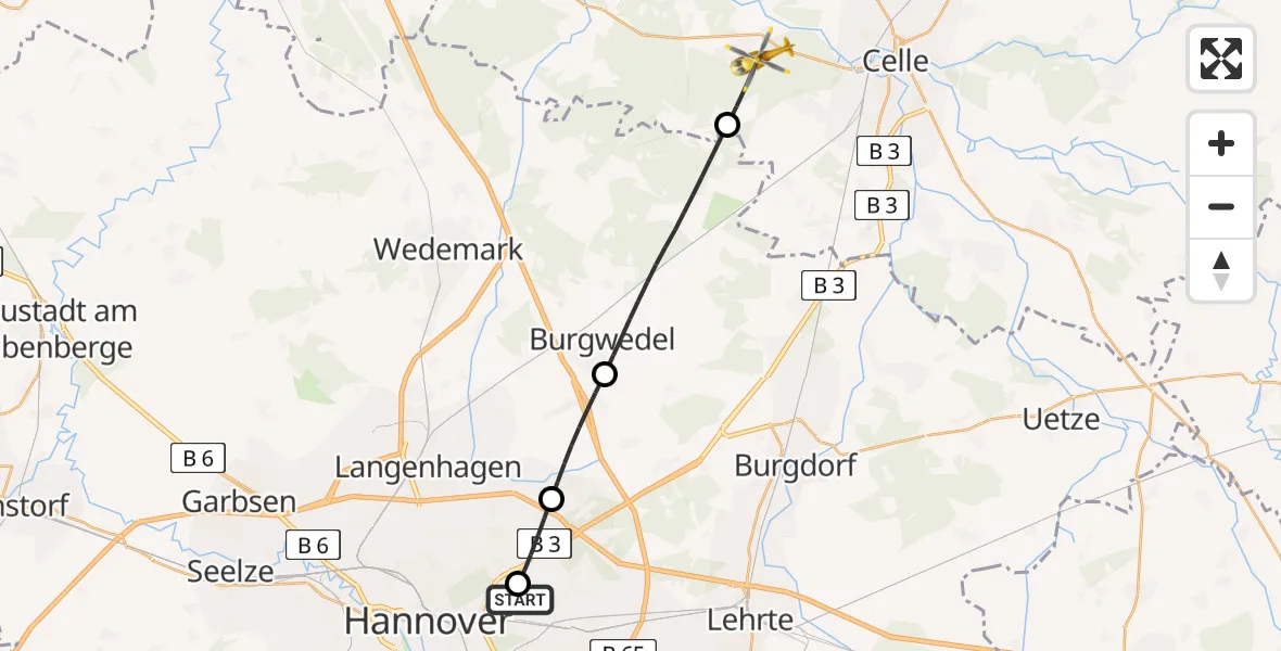 Flugroute Rettungshubschrauber Hannover Luftrettung Hubschrauberlandeplatz (Christoph 4) - Hambühren, 06 Juni 2026, 16:39