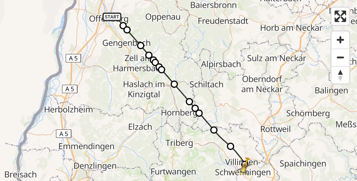 Flugroute Ambulanzhubschrauber Offenburg - DRF Air Rescue Station Villingen-Schwenningen Hubschrauberlandeplatz (Christoph 11), 06 Juni 2026, 16:55