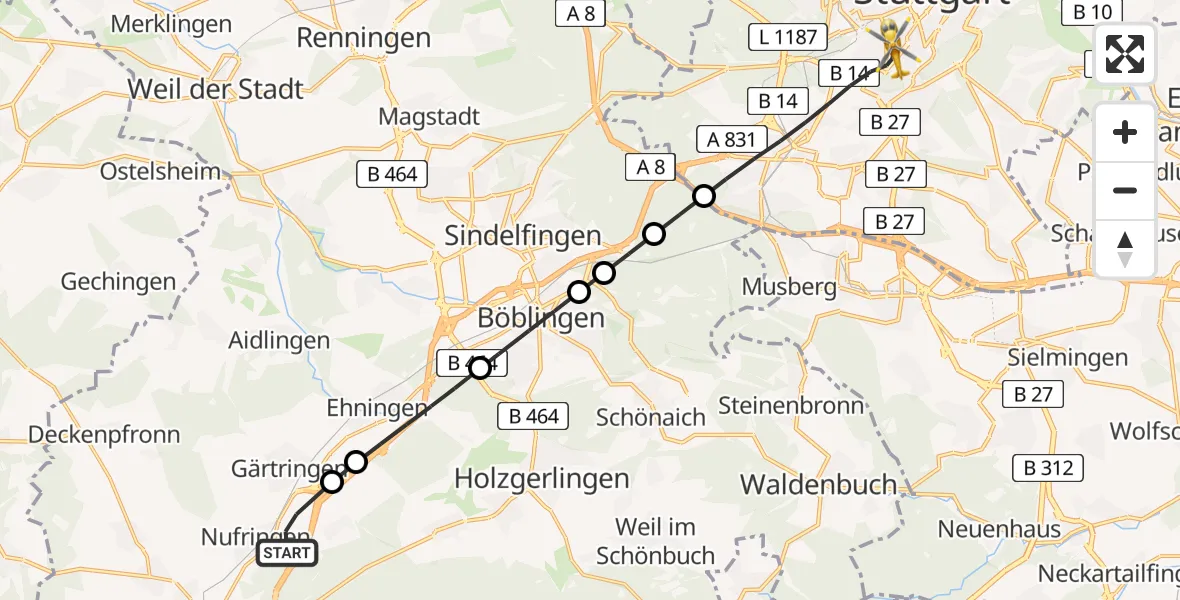 Flugroute Rettungshubschrauber Nufringen - Stuttgart, 06 Juni 2026, 16:56