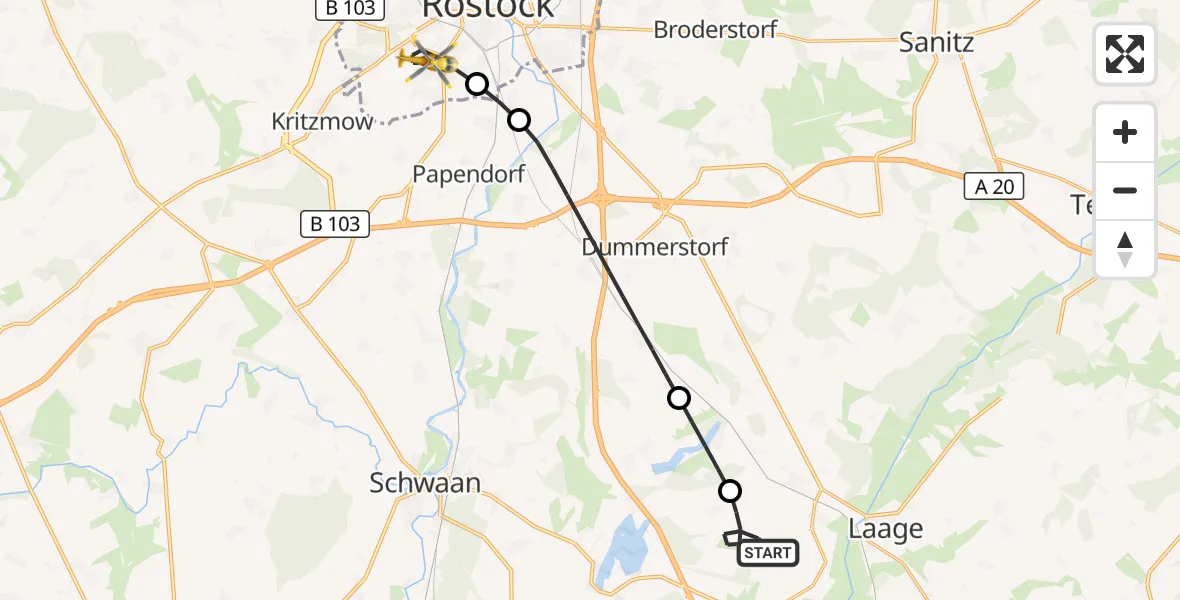 Flugroute Rettungshubschrauber Flughafen Rostock-Laage - Rostock, 06 Juni 2026, 17:03