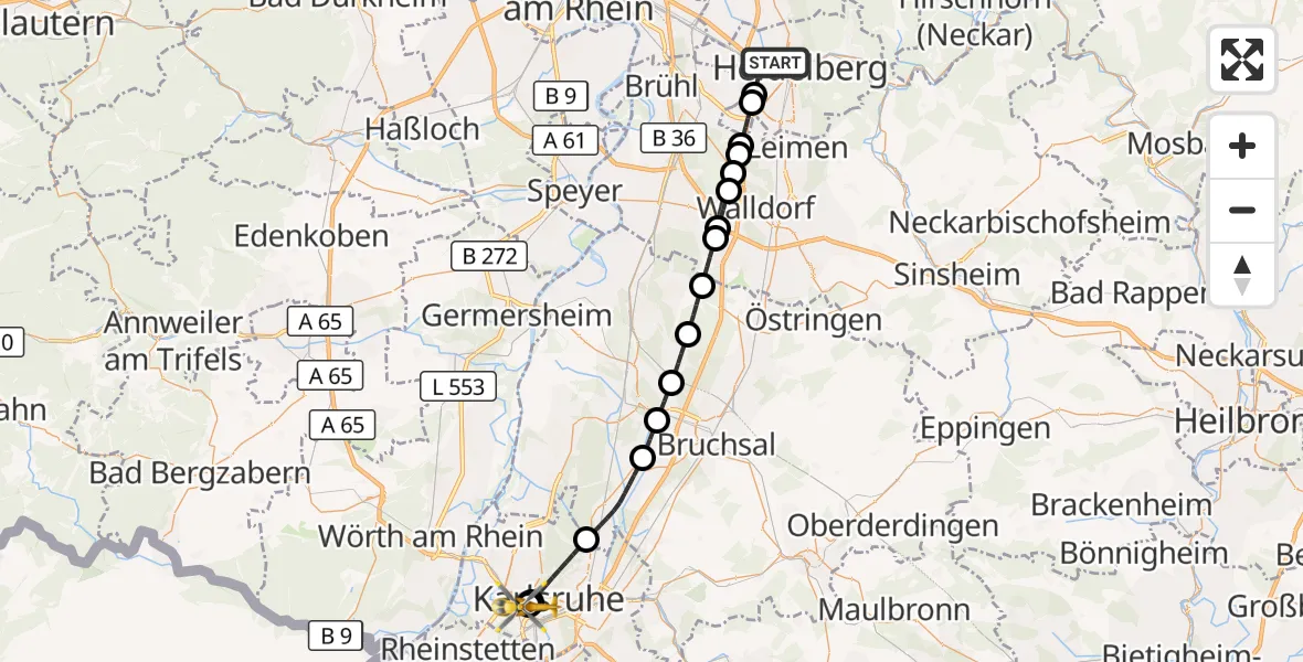 Flugroute Ambulanzhubschrauber Heidelberg - Sankt Vincentius Hospital, 06 Juni 2026, 17:07