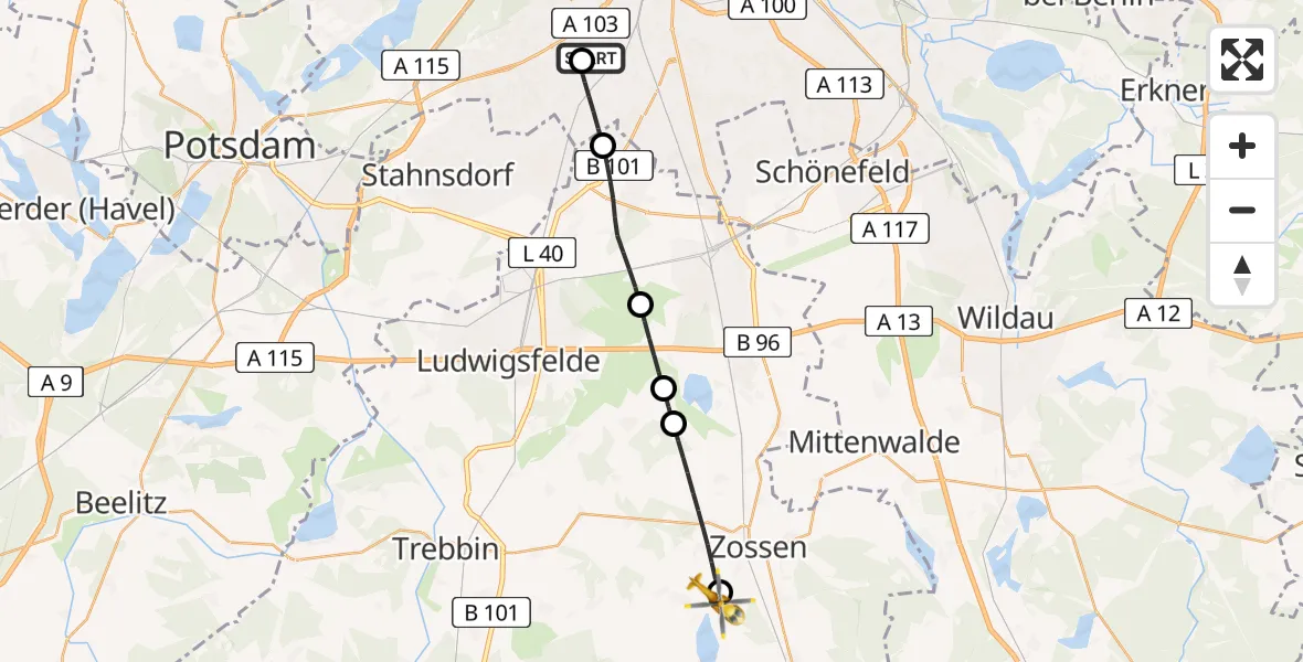 Flugroute Rettungshubschrauber Charité Clinic Benjamin Franklin Campus - Am Mellensee, 06 Juni 2026, 17:11