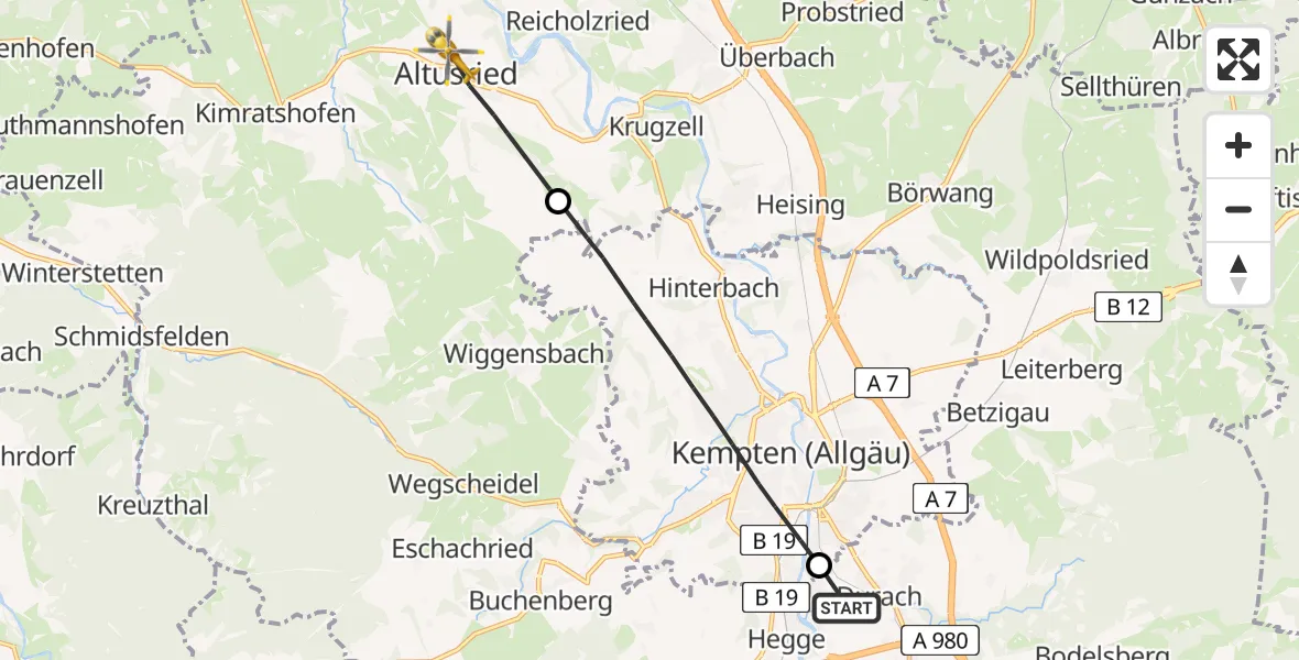 Flugroute Rettungshubschrauber Kempten-Durach Flugplatz - Altusried, 06 Juni 2026, 17:15