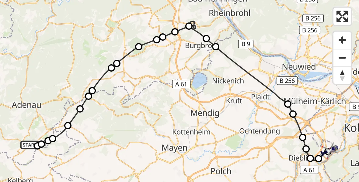 Flugroute Polizeihubschrauber Nürburgring Hubschrauberlandeplatz - Koblenz-Winningen Flugplatz, 06 Juni 2026, 17:19