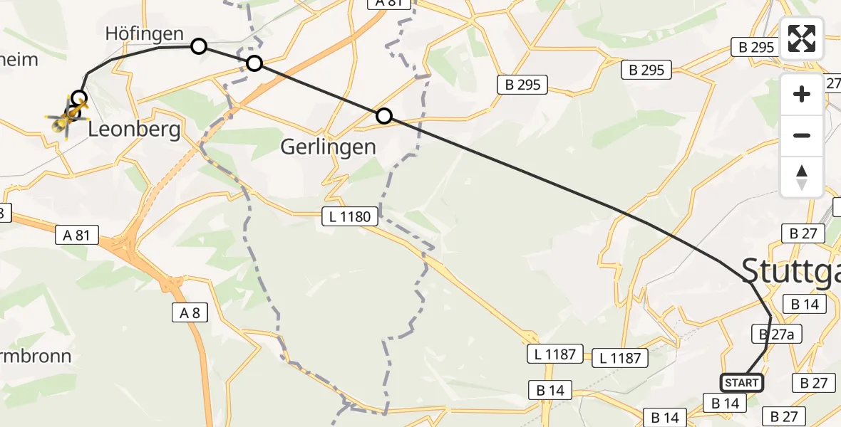 Flugroute Rettungshubschrauber Stuttgart - Leonberg Hospital, 06 Juni 2026, 17:28