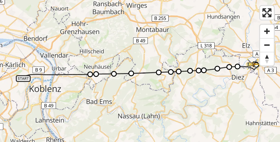 Flugroute Rettungshubschrauber Koblenz - Saint Vincent Hospital Limburg, 06 Juni 2026, 17:30