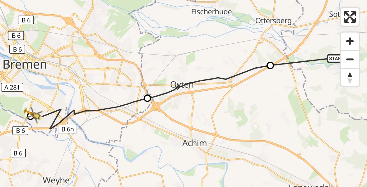 Flugroute Rettungshubschrauber Sottrum - ADAC Air Rescue Station Bremen Hubschrauberlandeplatz (Christoph 6), 06 Juni 2026, 17:32