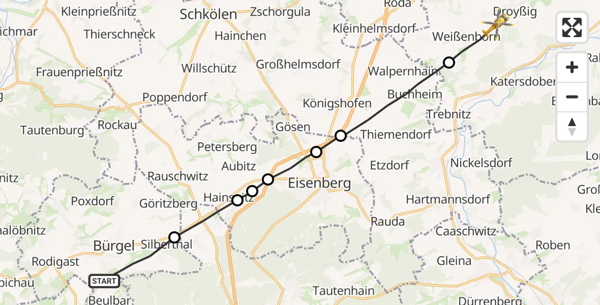 Flugroute Rettungshubschrauber Bürgel - Droyßig, 06 Juni 2026, 17:38