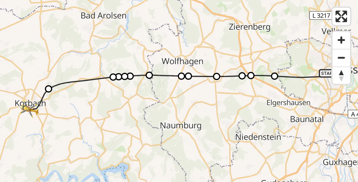 Flugroute Rettungshubschrauber Kassel - Korbach, 06 Juni 2026, 17:46