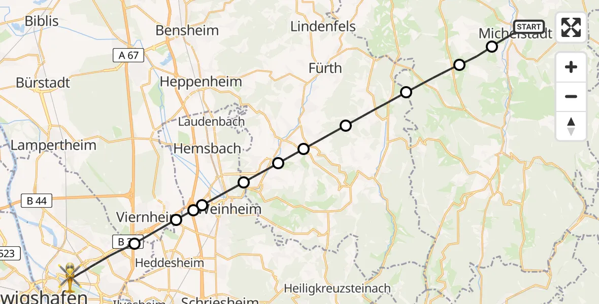Flugroute Rettungshubschrauber Michelstadt - Mannheim, 06 Juni 2026, 17:51