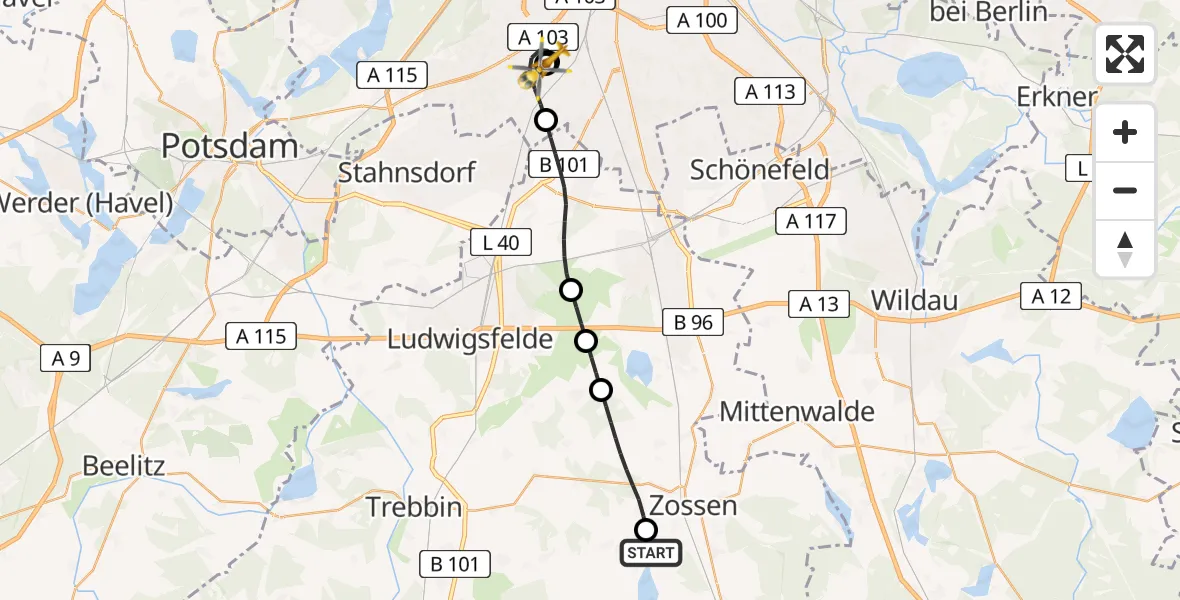 Flugroute Rettungshubschrauber Am Mellensee - Charité Clinic Benjamin Franklin Campus, 06 Juni 2026, 17:59
