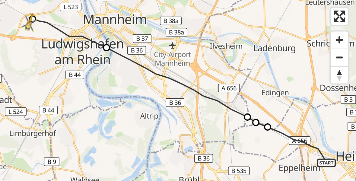 Flugroute Rettungshubschrauber Heidelberg - Ludwigshafen Accident Hospital, 06 Juni 2026, 18:01