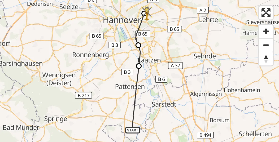 Flugroute Rettungshubschrauber Pattensen - Hannover Luftrettung Hubschrauberlandeplatz (Christoph 4), 06 Juni 2026, 18:04