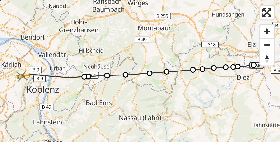 Flugroute Rettungshubschrauber Saint Vincent Hospital Limburg - Koblenz, 06 Juni 2026, 18:06
