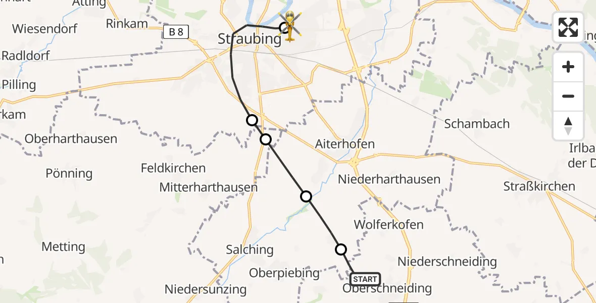 Flugroute Rettungshubschrauber Oberschneiding - Sankt Elisabeth Hospital Straubing, 06 Juni 2026, 18:22