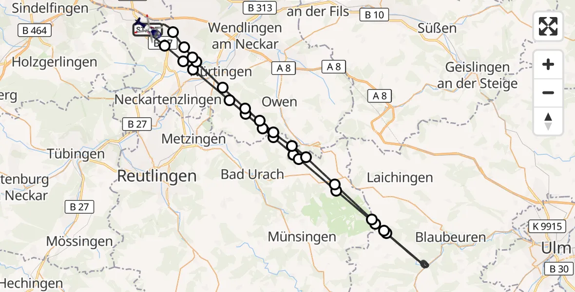 Flugroute Polizeihubschrauber Flughafen Stuttgart - Flughafen Stuttgart, 06 Juni 2026, 18:33