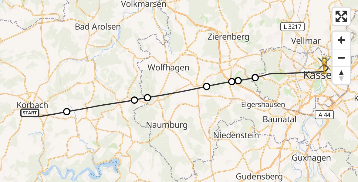 Flugroute Rettungshubschrauber Korbach - Kassel, 06 Juni 2026, 18:40