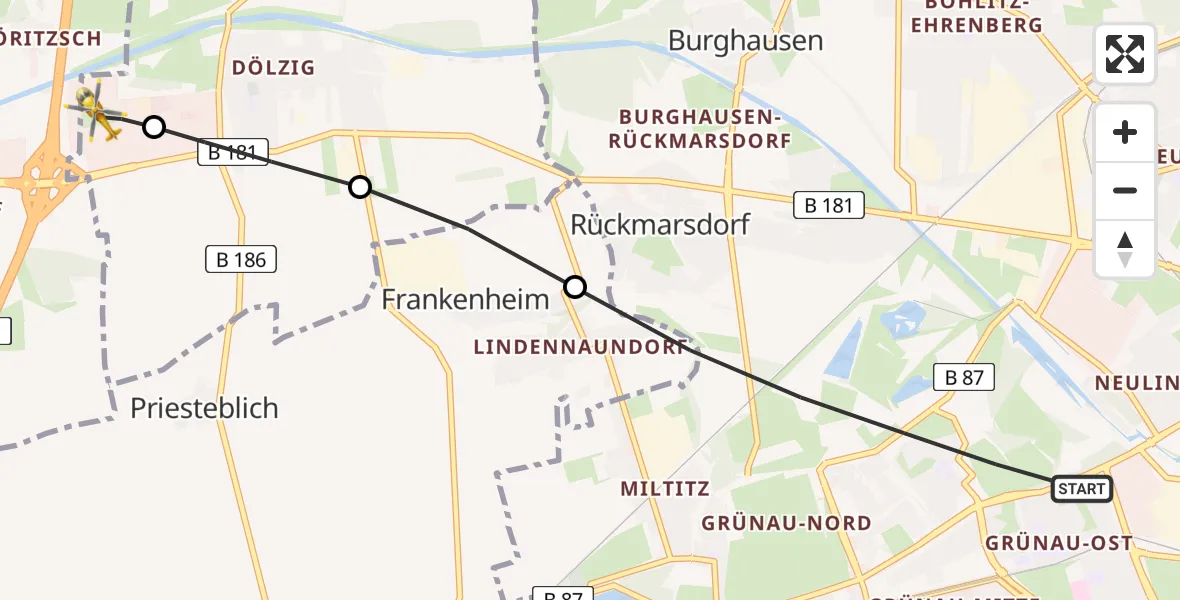 Flugroute Rettungshubschrauber Leipzig - ADAC Air Rescue Station Leipzig/Schkeuditz-Dölzig Hubschrauberlandeplatz (Christoph 61), 06 Juni 2026, 18:43