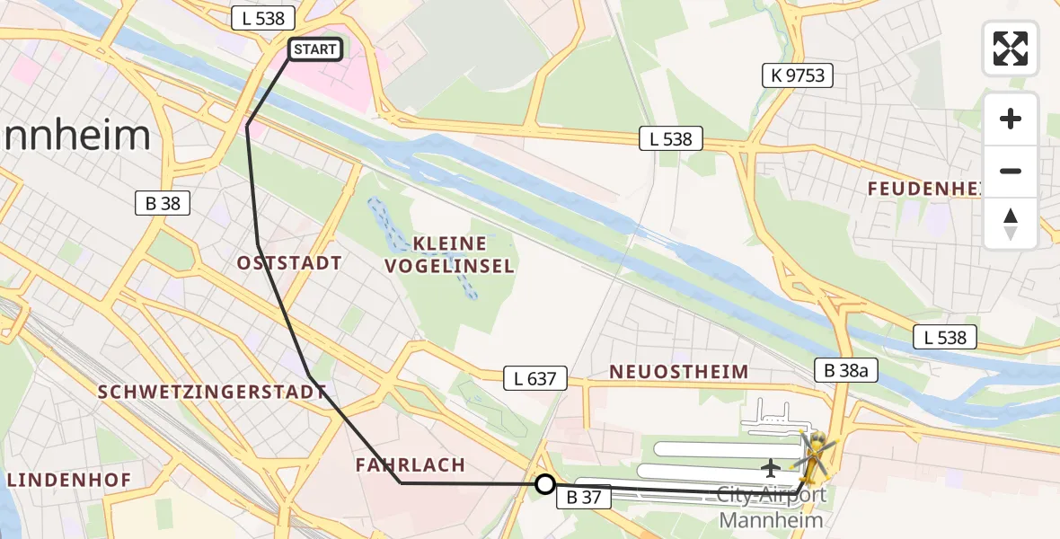Flugroute Rettungshubschrauber Mannheim - Mannheim-City Flughafen, 06 Juni 2026, 18:50