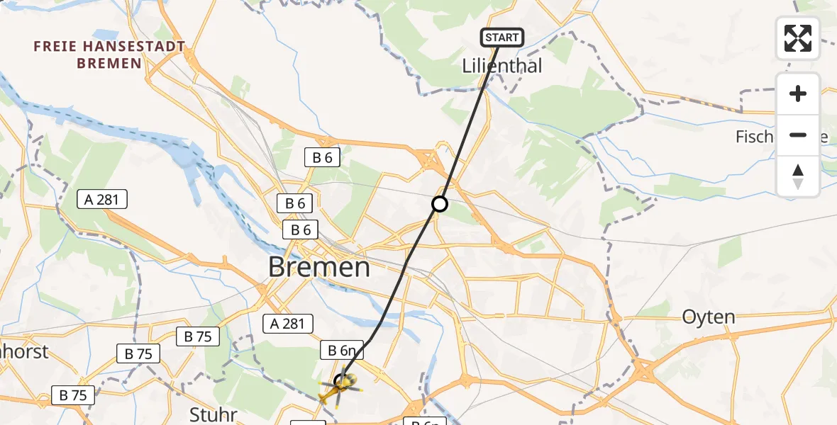 Flugroute Rettungshubschrauber Lilienthal - ADAC Air Rescue Station Bremen Hubschrauberlandeplatz (Christoph 6), 06 Juni 2026, 18:59