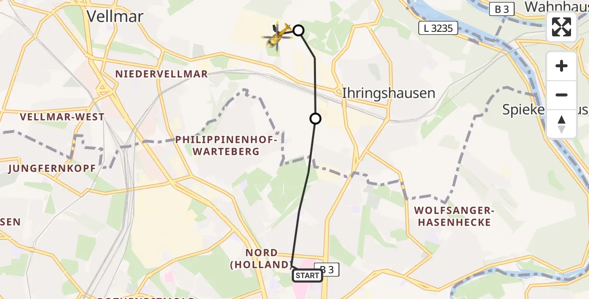 Flugroute Rettungshubschrauber Kassel - Fuldatal Bundespolizei Hubschrauberlandeplatz, 06 Juni 2026, 19:01