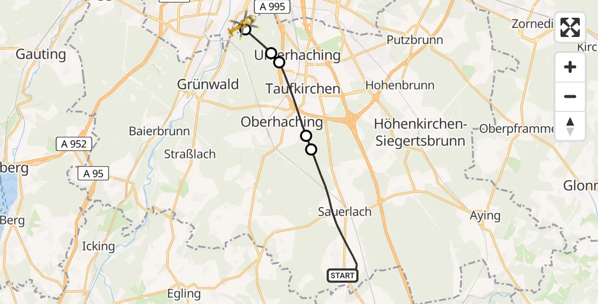 Flugroute Rettungshubschrauber Sauerlach - ADAC Air Rescue Center Hubschrauberlandeplatz (Christoph 1), 06 Juni 2026, 19:03