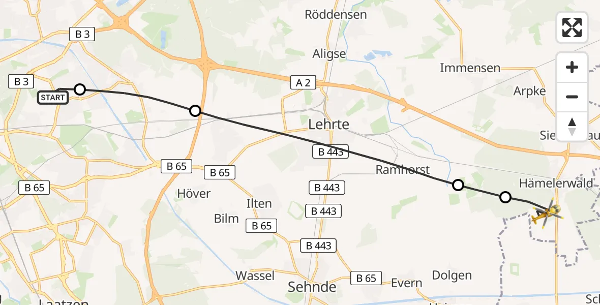 Flugroute Rettungshubschrauber Hannover Luftrettung Hubschrauberlandeplatz (Christoph 4) - Lehrte, 06 Juni 2026, 19:12