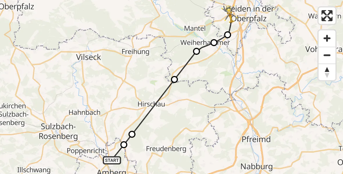 Flugroute Rettungshubschrauber Amberg - Weiden i.d.OPf., 06 Juni 2026, 19:16