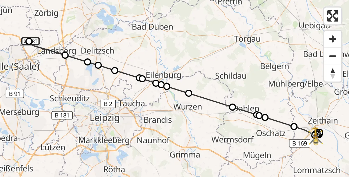 Flugroute Rettungshubschrauber Halle-Oppin Flugplatz - Riesa, 06 Juni 2026, 19:18