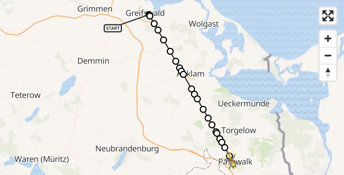 Flugroute Rettungshubschrauber Süderholz - Pasewalk, 06 Juni 2026, 19:29