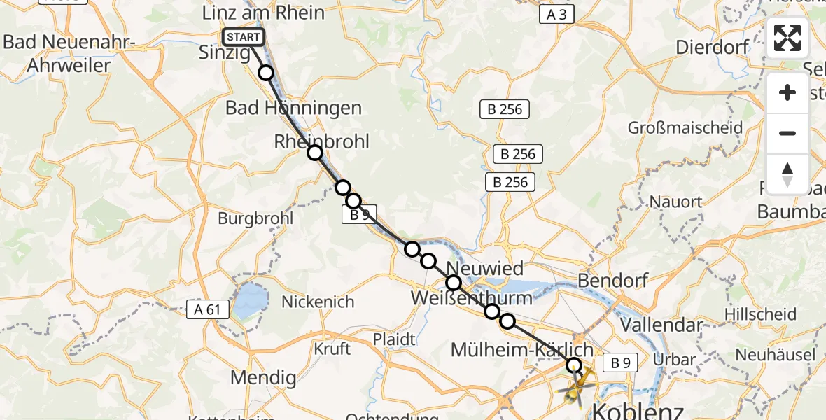 Flugroute Rettungshubschrauber Sinzig - Koblenz, 06 Juni 2026, 19:29