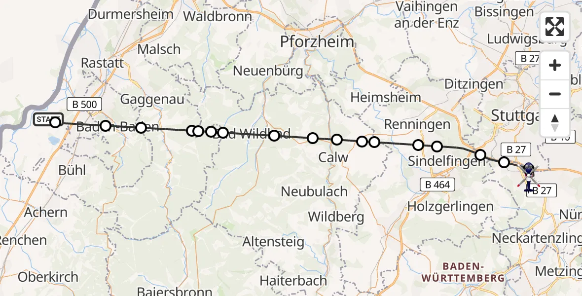 Flugroute Polizeihubschrauber Karlsruhe Baden-Baden Flughafen - Flughafen Stuttgart, 06 Juni 2026, 19:33