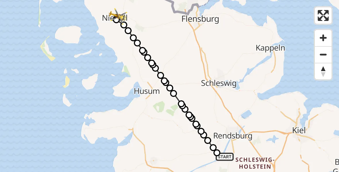 Flugroute Rettungshubschrauber Hörsten - Niebüll, 06 Juni 2026, 19:45