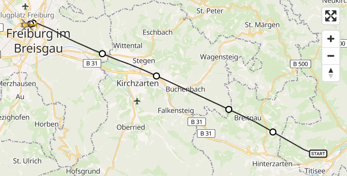 Flugroute Ambulanzhubschrauber Titisee-Neustadt - Freiburg University Hospital Heliport 1, 06 Juni 2026, 19:50