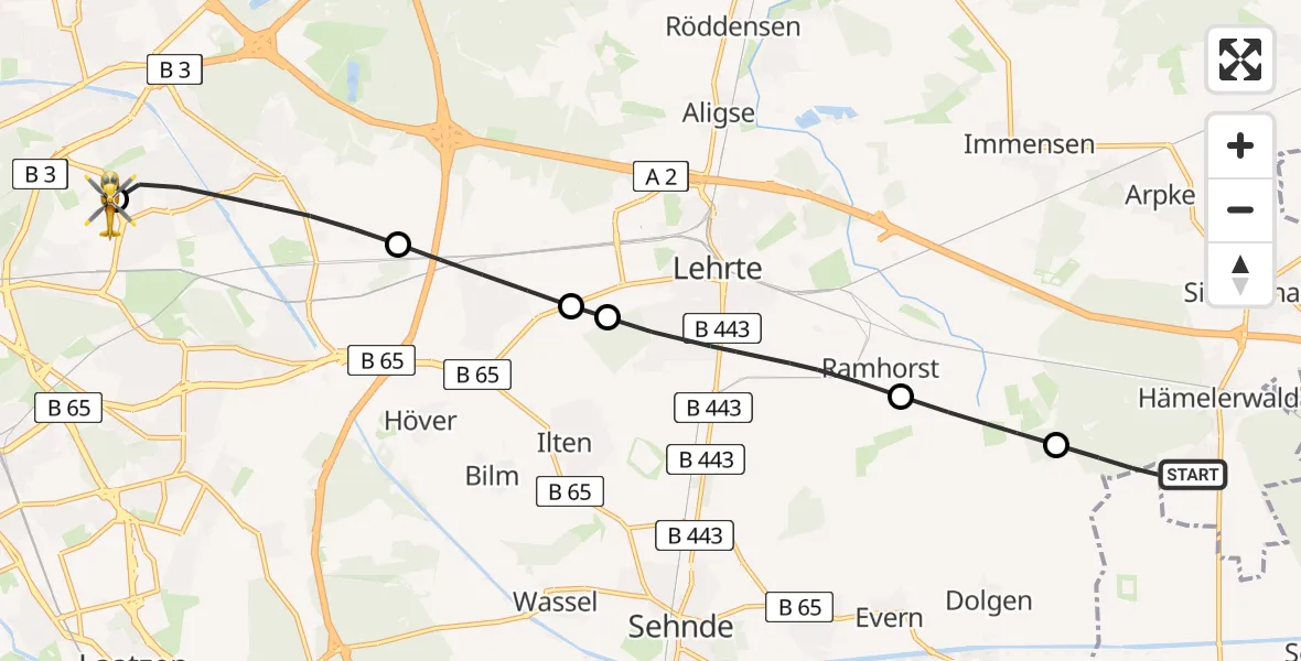 Flugroute Rettungshubschrauber Lehrte - Hannover Luftrettung Hubschrauberlandeplatz (Christoph 4), 06 Juni 2026, 19:54