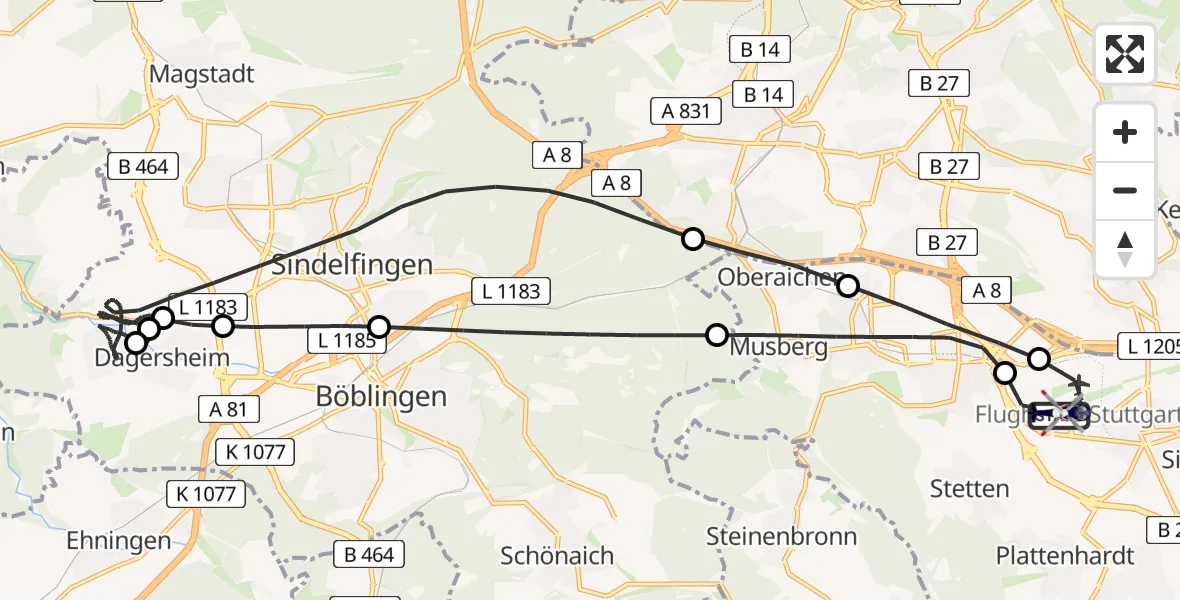 Flugroute Polizeihubschrauber Flughafen Stuttgart - Flughafen Stuttgart, 06 Juni 2026, 20:17