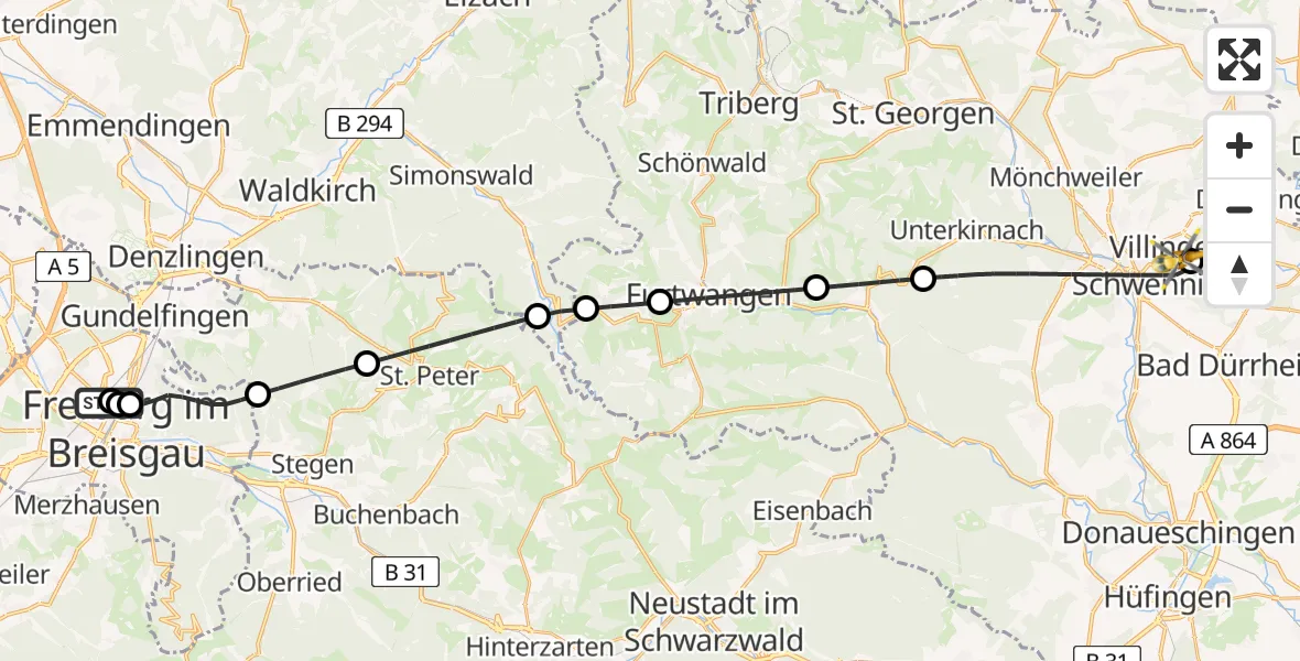 Flugroute Ambulanzhubschrauber Freiburg University Hospital Heliport 1 - DRF Air Rescue Station Villingen-Schwenningen Hubschrauberlandeplatz (Christoph 11), 06 Juni 2026, 20:40