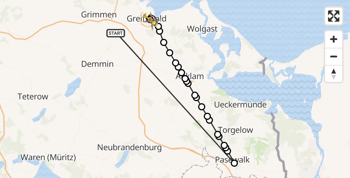 Flugroute Rettungshubschrauber Süderholz - Greifswald Hospital, 06 Juni 2026, 20:41