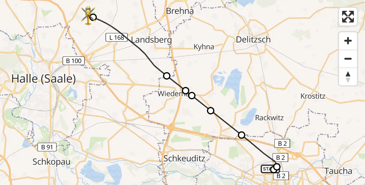 Flugroute Rettungshubschrauber Sankt Georg Hospital Leipzig Reserve - Halle-Oppin Flugplatz, 06 Juni 2026, 21:22