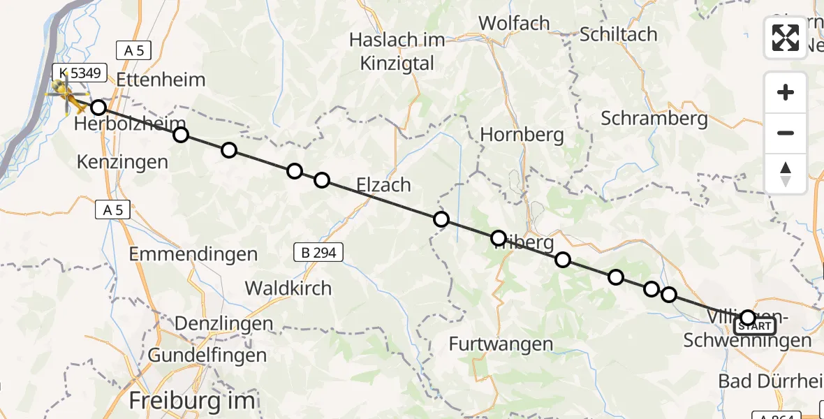 Flugroute Ambulanzhubschrauber DRF Air Rescue Station Villingen-Schwenningen Hubschrauberlandeplatz (Christoph 11) - Rheinhausen, 06 Juni 2026, 23:45