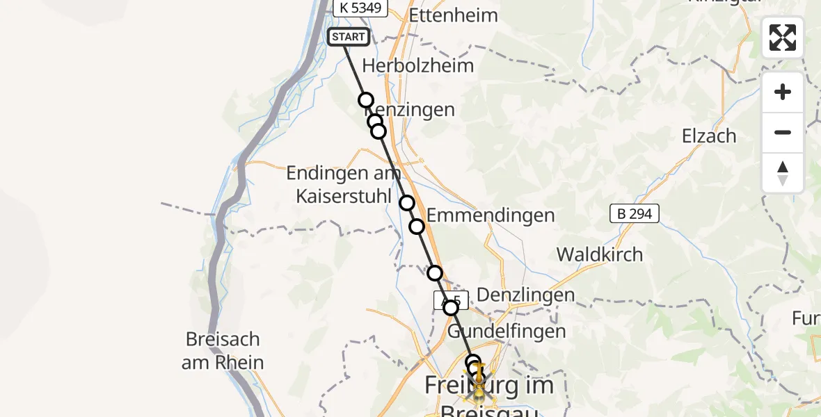 Flugroute Ambulanzhubschrauber Rheinhausen - Freiburg University Hospital Heliport 1, 07 Juni 2026, 00:36