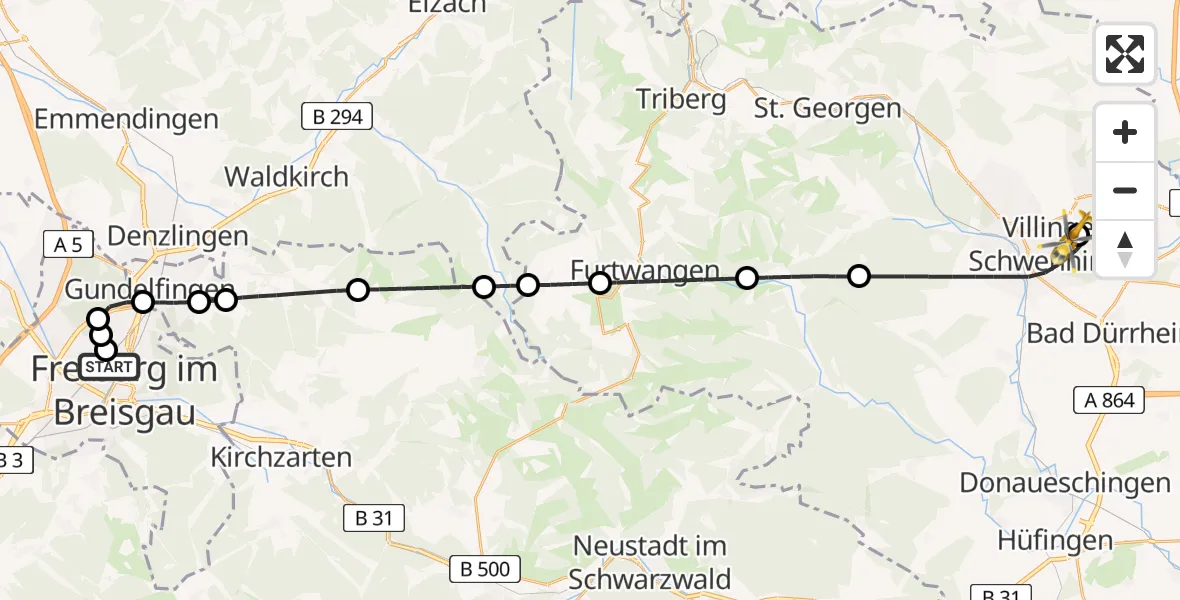 Flugroute Ambulanzhubschrauber Freiburg University Hospital Heliport 1 - DRF Air Rescue Station Villingen-Schwenningen Hubschrauberlandeplatz (Christoph 11), 07 Juni 2026, 01:19