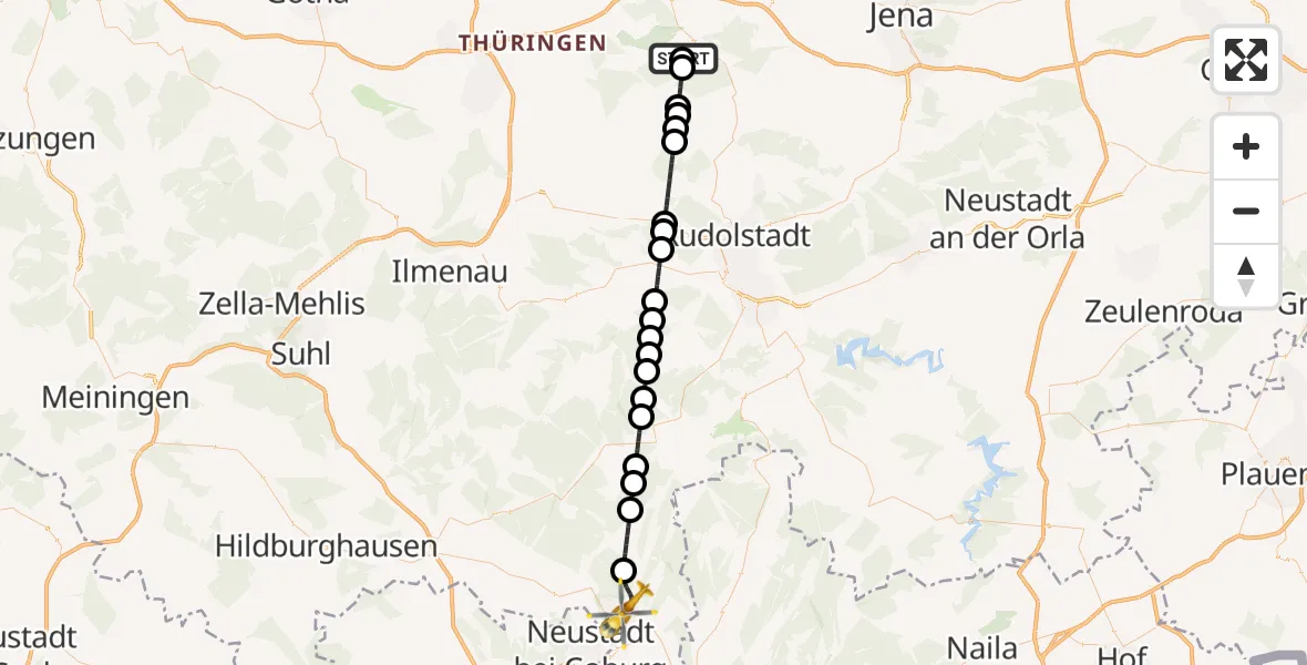 Flugroute Ambulanzhubschrauber Bad Berka Central Hospital - Sonneberg, 07 Juni 2026, 02:30