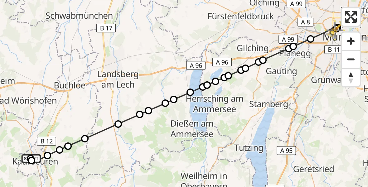Flugroute Rettungshubschrauber Ostallgäu-Kaufbeuren Hospital - Deutsches Herzzentrum München, 07 Juni 2026, 02:53