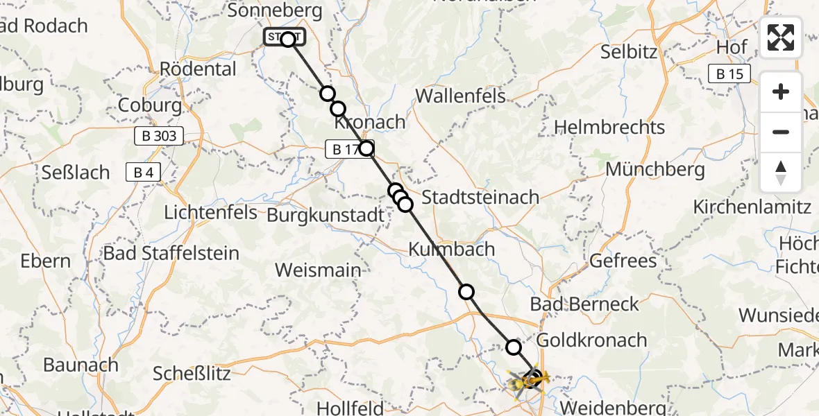 Flugroute Ambulanzhubschrauber Sonneberg - Hohe Warte Hospital, 07 Juni 2026, 03:09