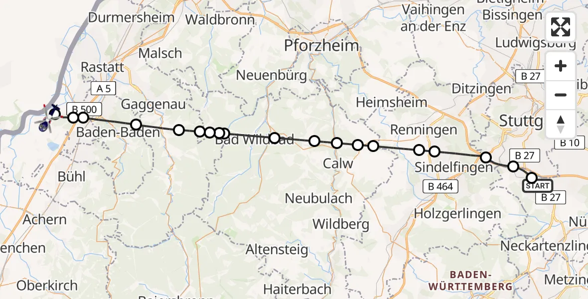 Flugroute Polizeihubschrauber Flughafen Stuttgart - Karlsruhe Baden-Baden Flughafen, 07 Juni 2026, 04:06