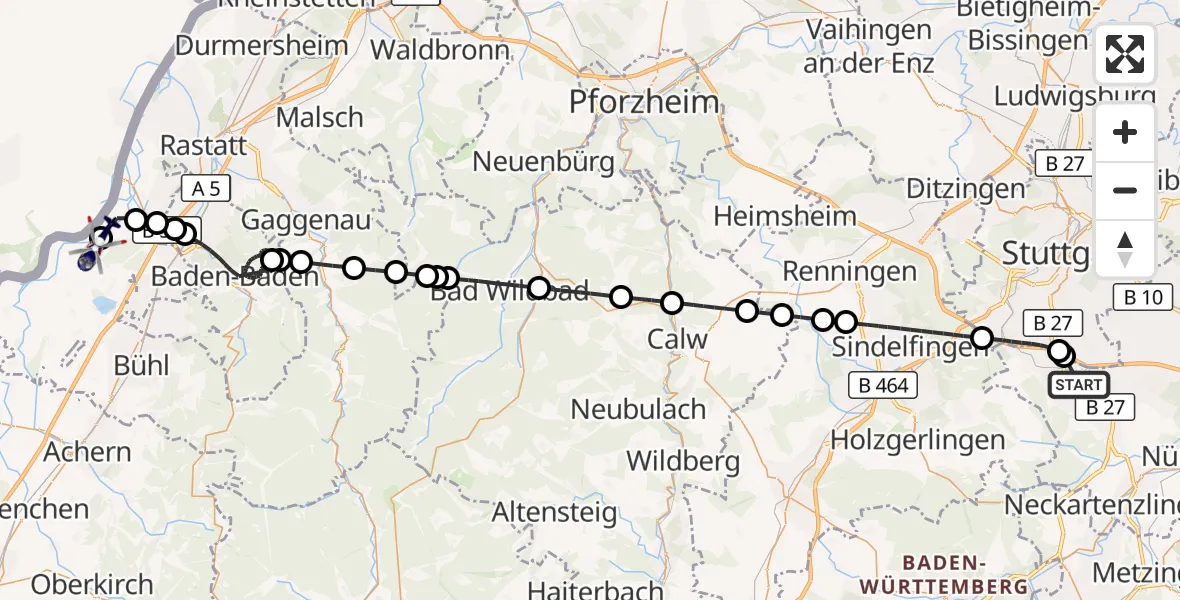 Flugroute Polizeihubschrauber Flughafen Stuttgart - Karlsruhe Baden-Baden Flughafen, 07 Juni 2026, 05:15