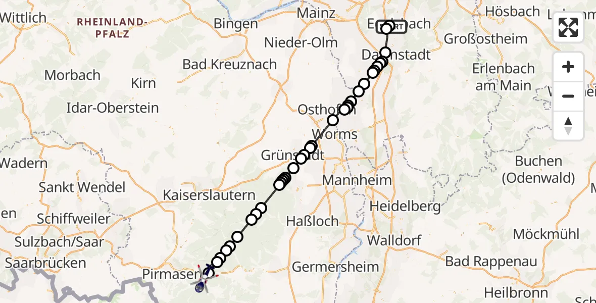 Flugroute Polizeihubschrauber Flughafen Frankfurt-Egelsbach - Hinterweidenthal, 07 Juni 2026, 05:49