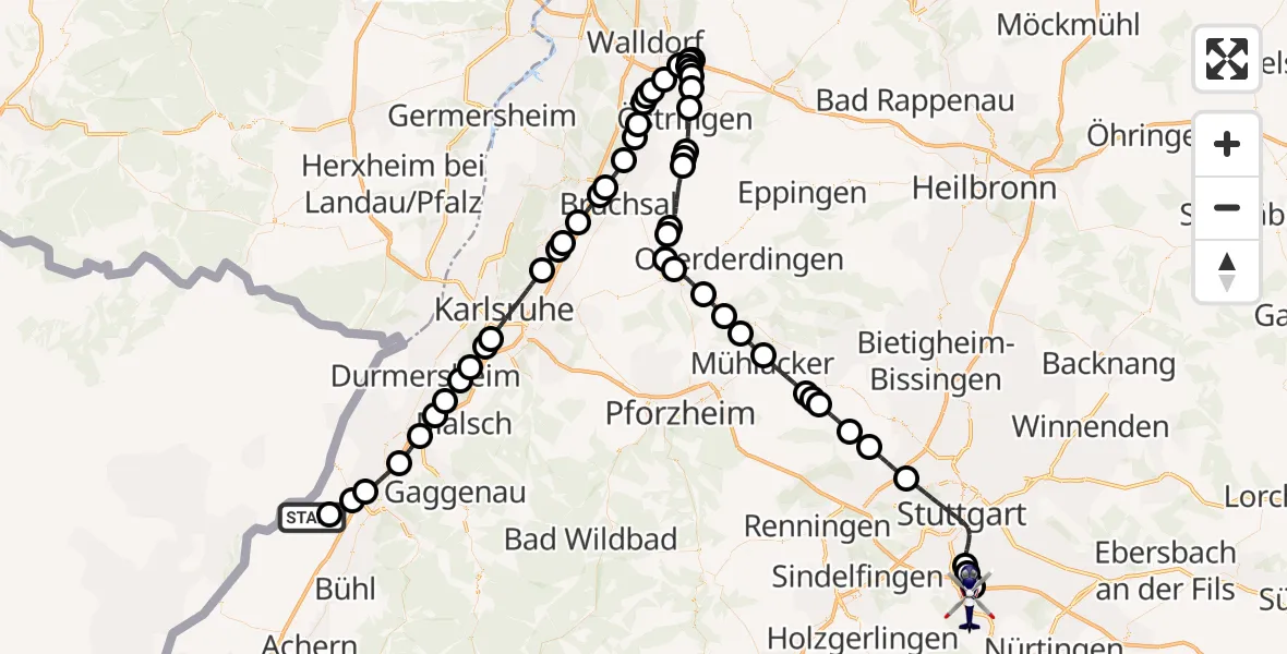 Flugroute Polizeihubschrauber Karlsruhe Baden-Baden Flughafen - Flughafen Stuttgart, 07 Juni 2026, 06:10